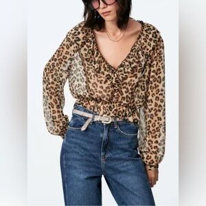 Zara - Animal Print Brown V Neck Mesh Lace Long Sleeve Crop Blouse Size XS